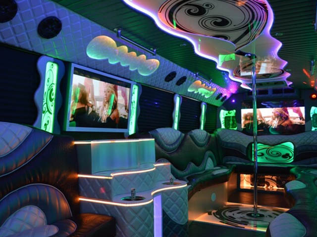 Party bus interior with a dance pole